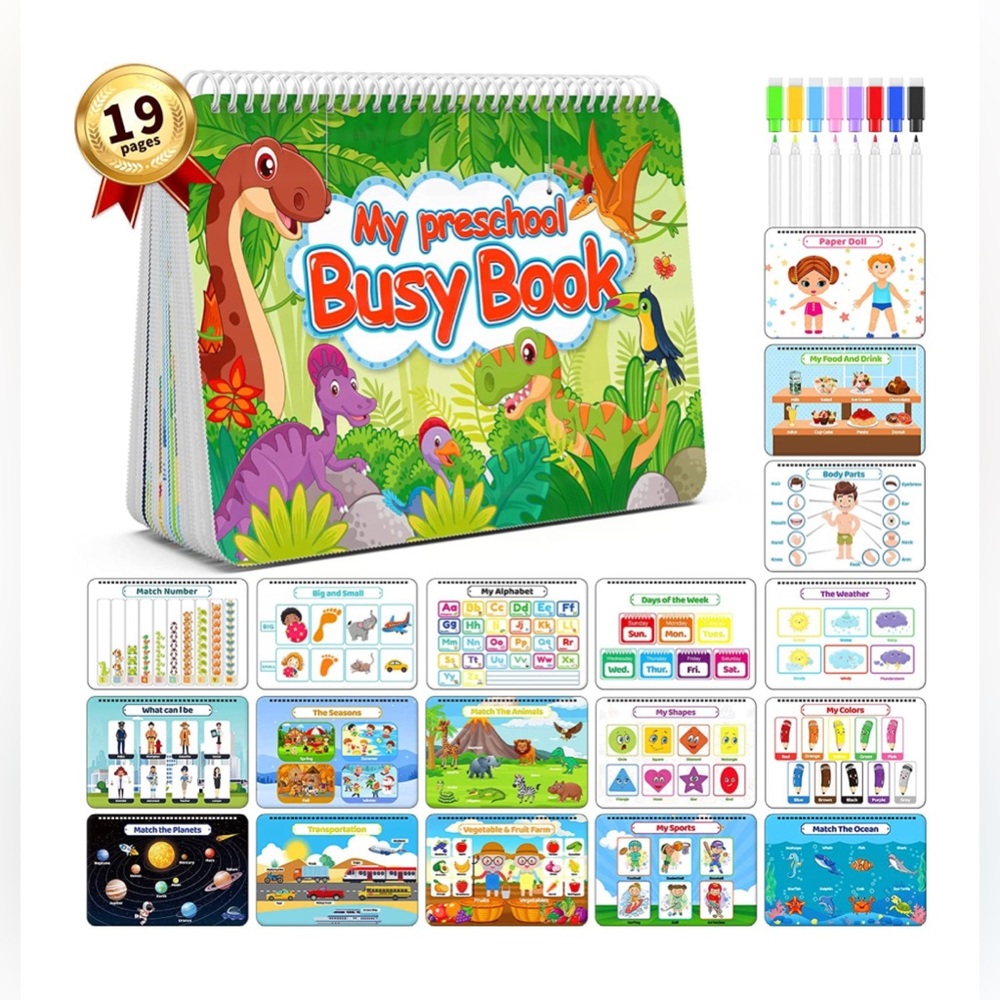 Preschool Learning Busy Book with Activities, 8 Color Markers for Kids